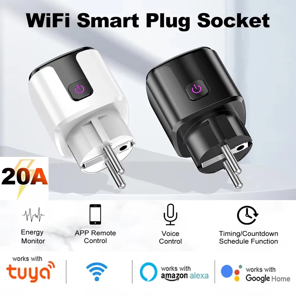 WiFi 20A Socket With Power Monitoring Work With Tuya Smart EU Plug Timer Child Lock Outlet Google Home Alice SmartThings Alexa