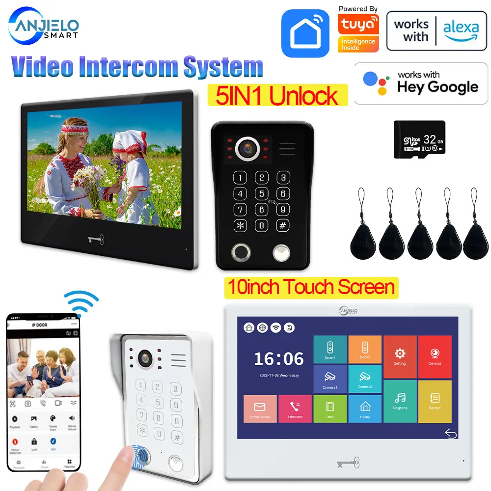 Vingerafdruk 5in1 Unlock Wifi Deurbel Video Intercom Systeem Voor Thuis Interfone 1080P Touch Monitor Ondersteunt Tuya Alexa Google