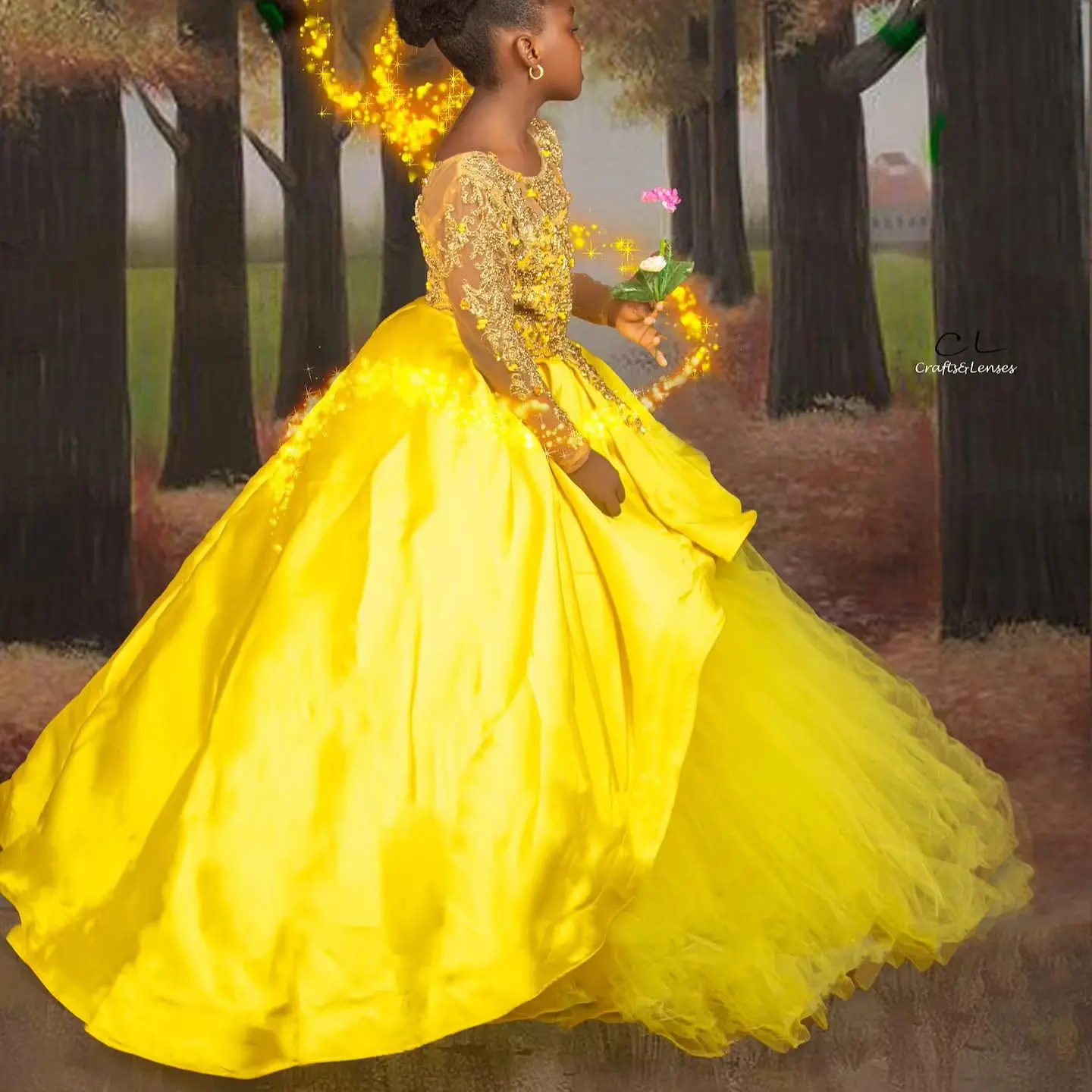 

Yellow Flower Girl Dresses Baby for Wedding Crystal Floor Length Baby Kids Formal Wear for Photoshoot First Communion Gowns