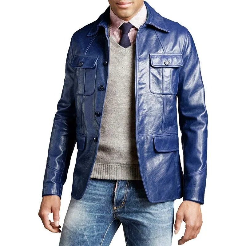 

Brand New Men's Sheepskin Genuine Leather Blazer Coat BUTTON Blue Stylish Jacket