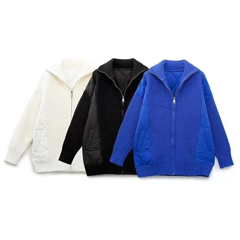 

Knitted Spliced Parkas Women Winter Turtleneck Quilted Jacket Zipper Loose Coat Pocket Warm Parkas Streetwear New Outerwears