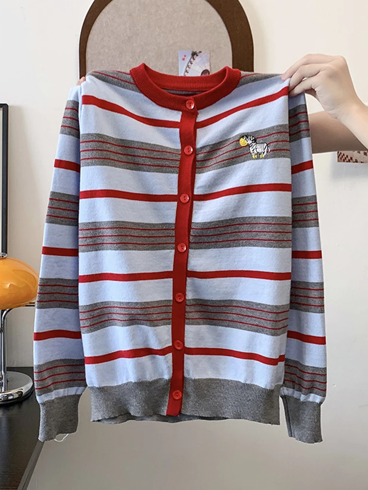 

Ретро-кардиган в полоску с круглым вырезом и пуговицами, вязаный, свободный, с длинными рукавами, для женщин, весна 2026, новинка