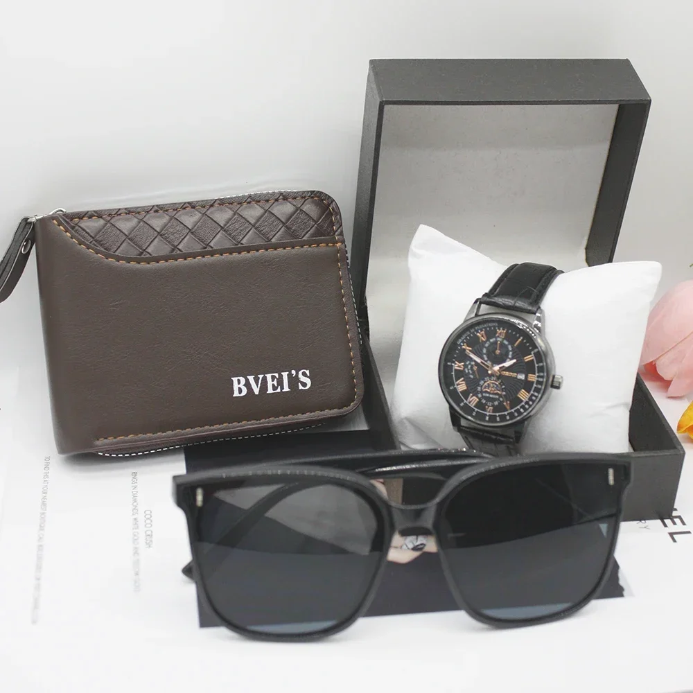 Relógio esportivo casual masculino, carteira de cavalheiro, óculos de sol portáteis para adolescente, esportes ao ar livre, conjunto 3 peças