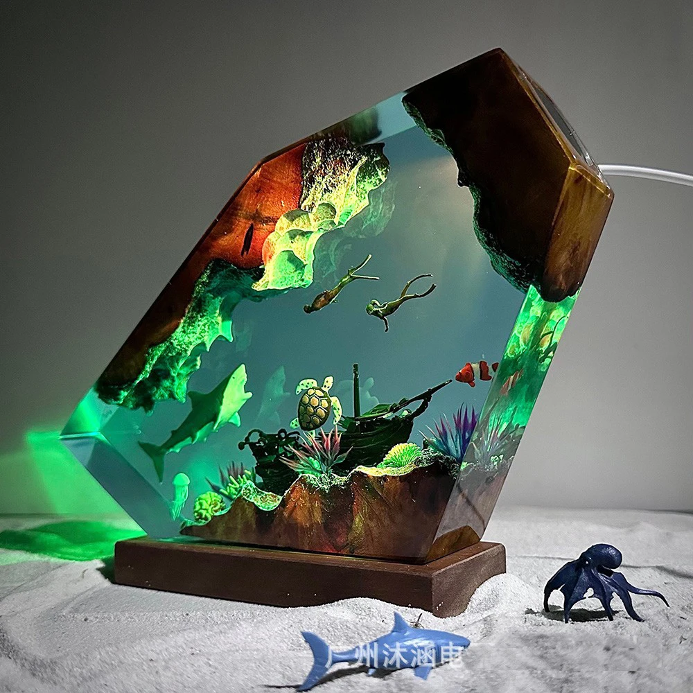 Seabed World Organism Resin Table Light Creactive Art Decoration Lamp Shark Shipwreck Sea Turtle Theme Night Light  USB Charge