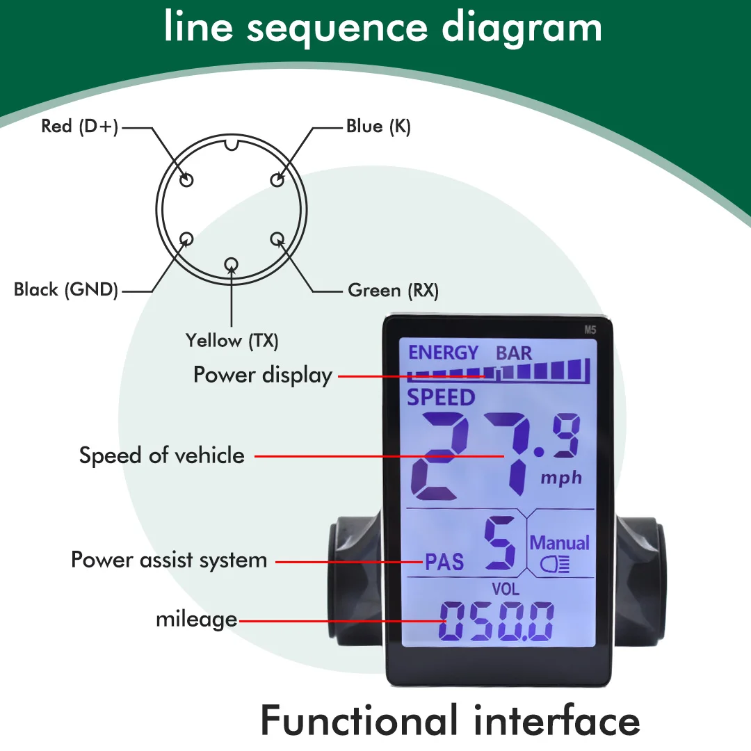 M5 دراجة كهربائية شاشة ملونة ، سكوتر E لوحة LCD ، USB UART ، أجزاء الدراجة الجبلية ، 6Pin ، 24V ، 36V ، 48V