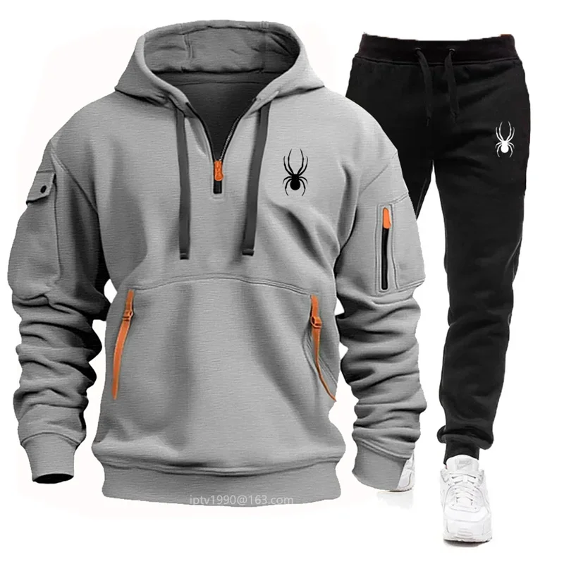 2024 nova primavera e outono masculino multi-bolso zíper hoodie + moletom de duas peças jogging lazer fitness conjunto de roupas esportivas