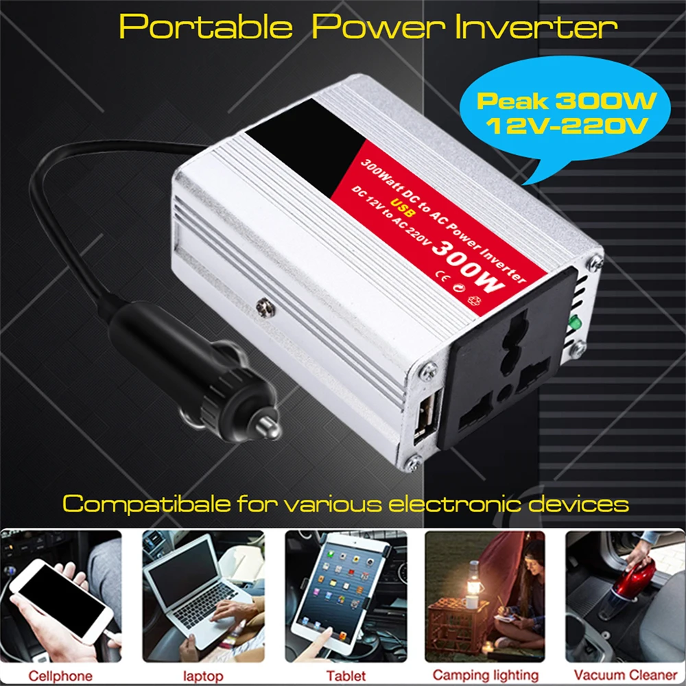 ซายน์เวฟ300W ตัวแปลงไฟรถยนต์อะแดปเตอร์แปลง DC12V AC220V อัตโนมัติพร้อม USB คู่สำหรับกลางแจ้ง