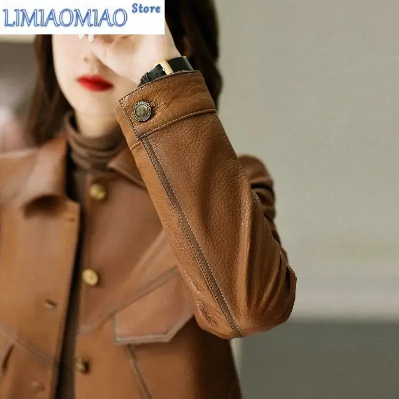 New High-End Brown Women Bike Coat PU Leather Outwear Button Outfit Spring Autumn Women Fashion Short Thin Female Jacket Black