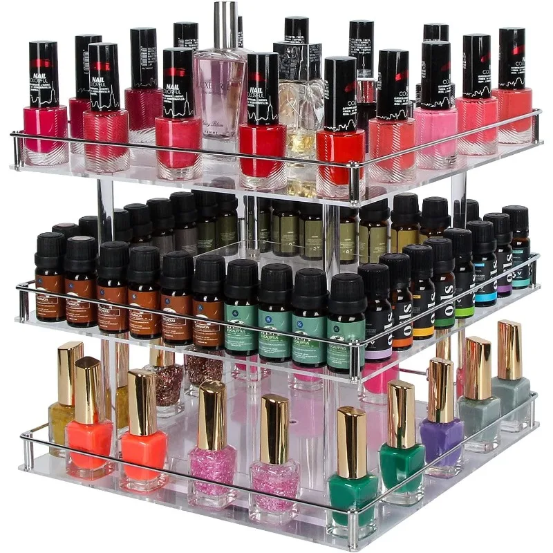 

3-х уровневый акриловый лак для ногтей, вращающаяся на 360 градусов витрина, органайзер, подставка для макияжа, коробка для хранения косметики, полка-карусель с серебром