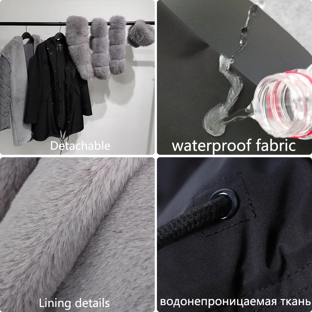 MaoMaoKong-Chaqueta de piel de zorro Real Natural para mujer, Parkas cálidas con capucha, abrigo impermeable negro, ropa de lujo para invierno