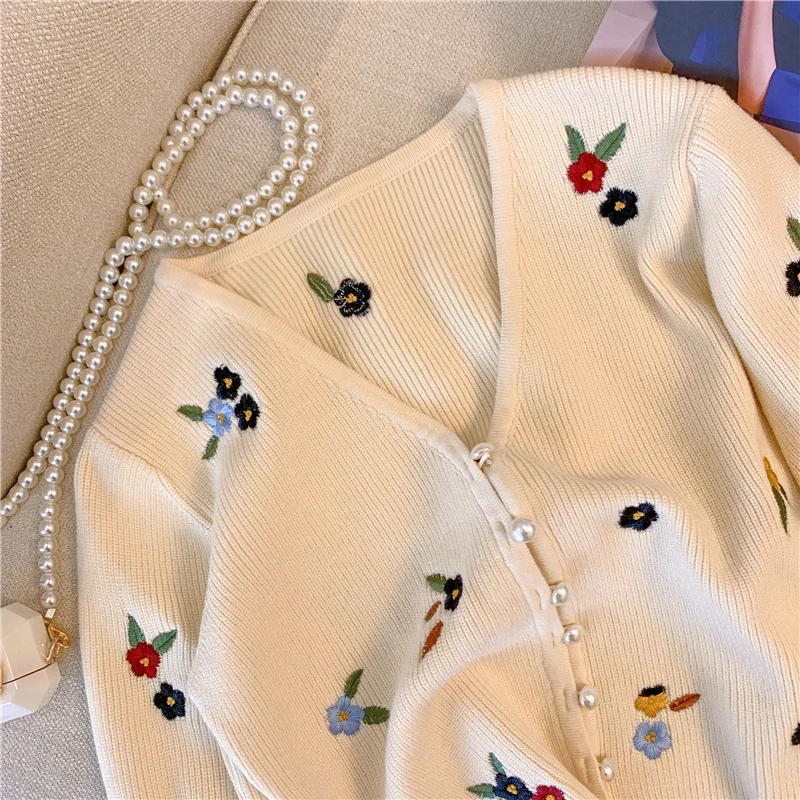 New Autumn Flowers Embroidery sweater Women Knitted Cardigans Top V-neck Long Sleeve cropped cardigan Sweaters Mujer Knitwear