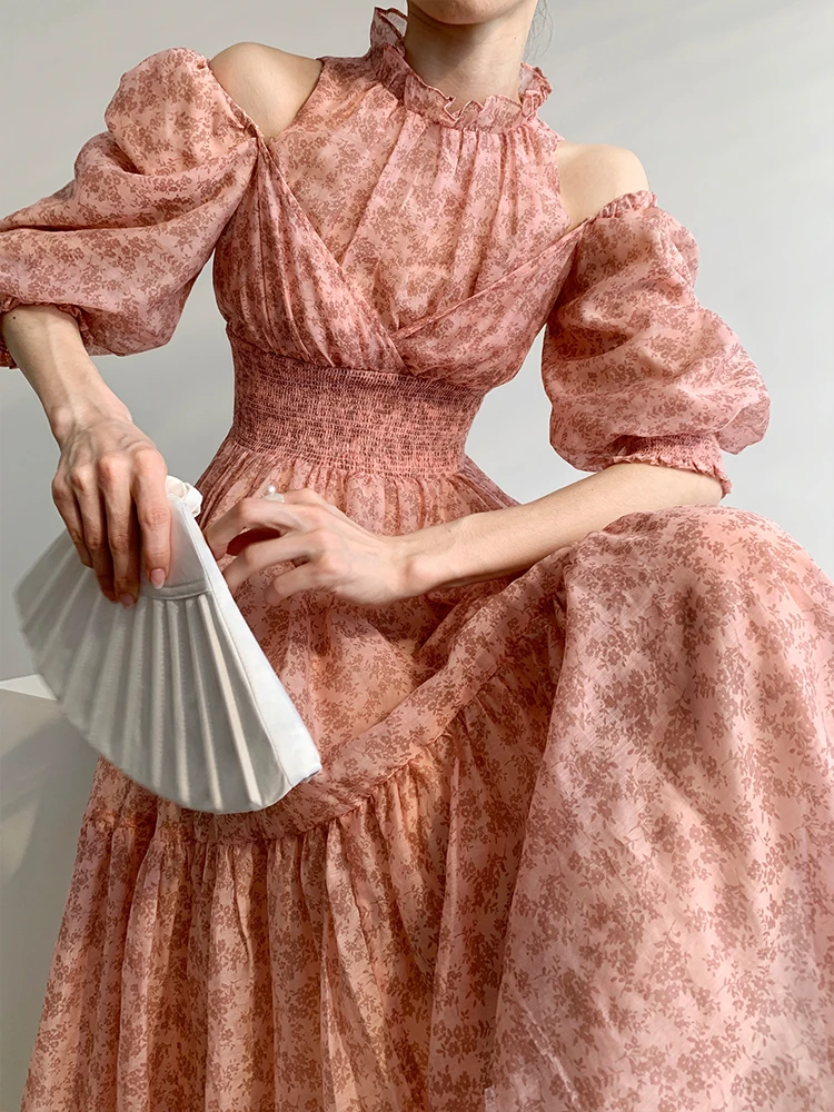 

Летнее платье макси из шифона с цветочным принтом, высокой талией, пышными рукавами и широкой юбкой для женщин 25-29 лет