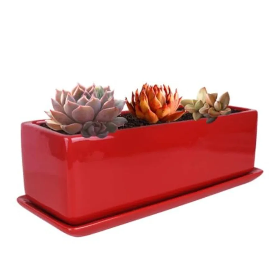 

Rectangular Modern Minimalist Ceramic Succulent Planter Pot - Window Box with SaucerOffice Desktop Potted Stand VF-0173R