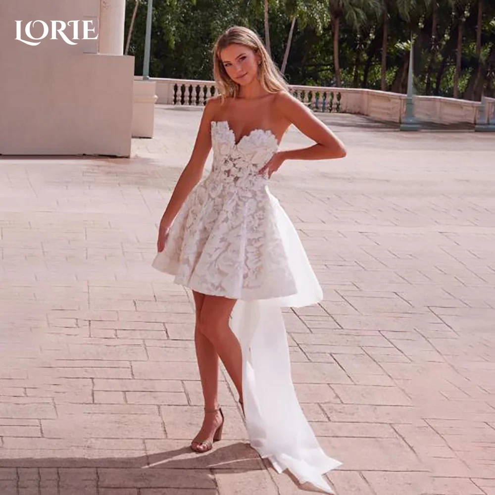 

LORIE Bow Short Wedding Dresses Sweetheart Lace Applique Backless A-line Bride Gown Bride Party Gown vestidos de noviaCustomized