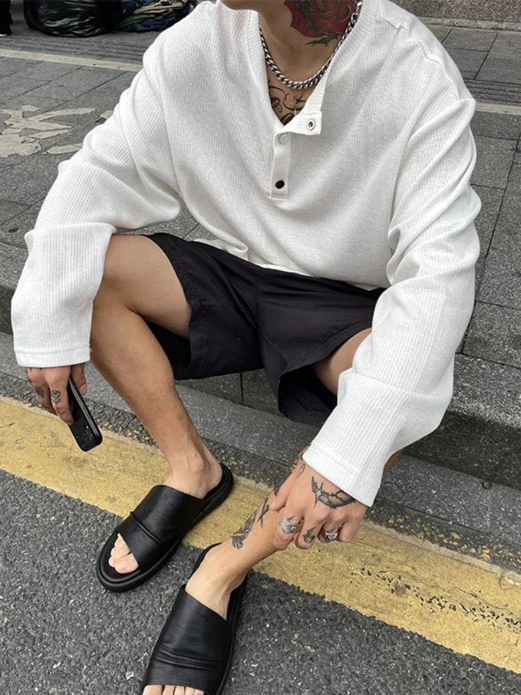 Big Size Unicolor T Shirts for Men Baggy Pullover Plain Oversize Male Clothes Long Sleeve Tops Polyester It Elasticity Japan Y2k