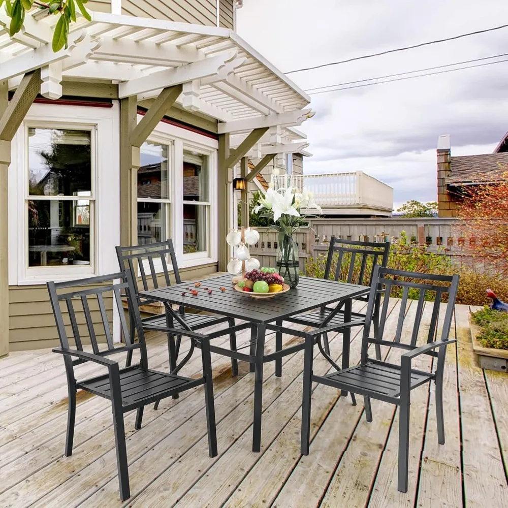 5-Piece Outdoor Dining Set, 4 Steel Metal Stackable Patio Chairs & 1 Square Dining Table, Fence Pattern Back, Black