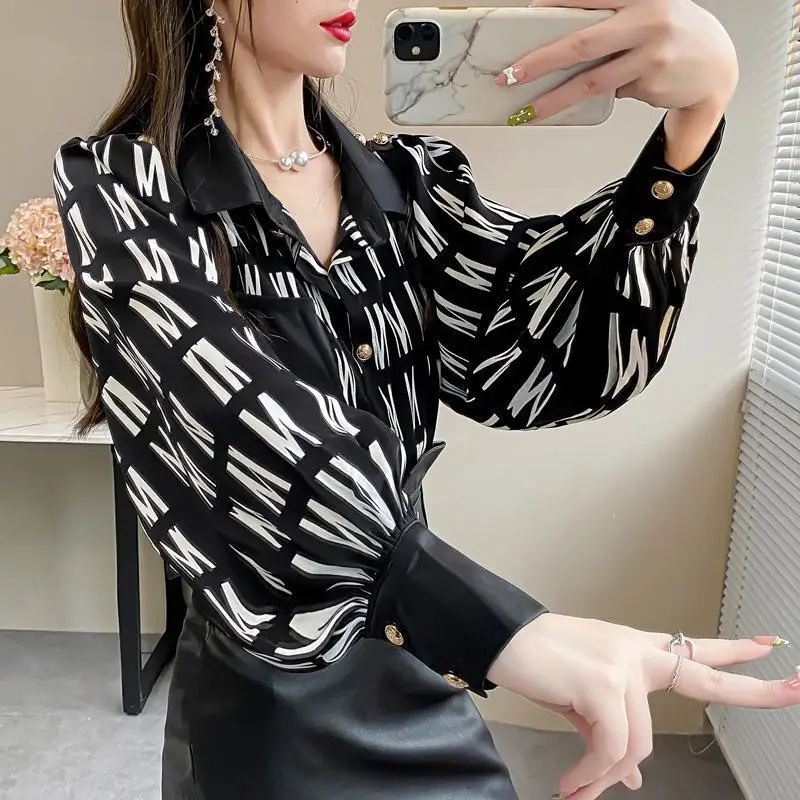 Letter Printing Patchwork Blouse Spring New Long Sleeve Polo Neck Loose Chiffon Office Shirt Tops Vintage Fashion Women Clothing