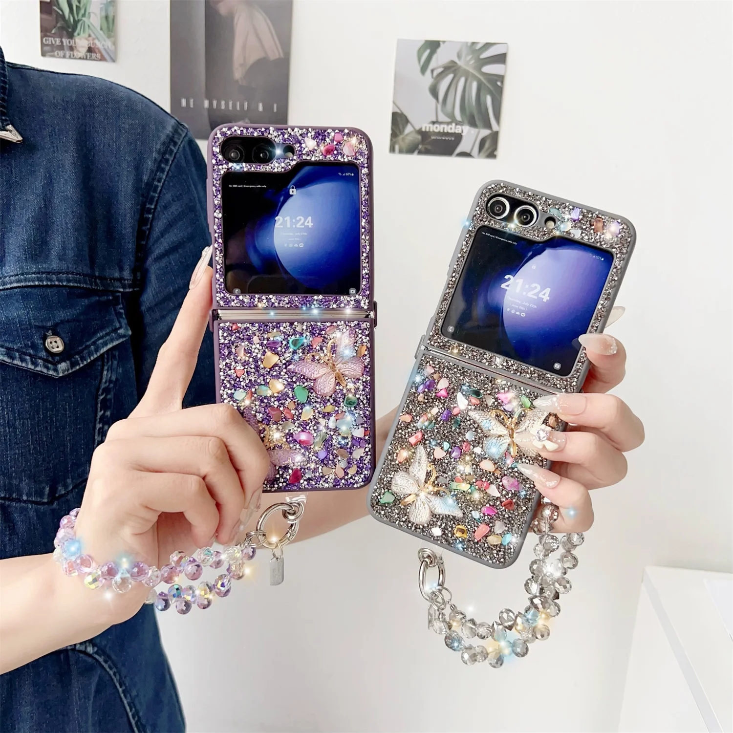 Bling Full Diamond Glitter Case For Samsung Galaxy Z Flip 6 5 4 3 Flip5 3D Colorful Gem Butterfly Shockproof Armor Cover Strap