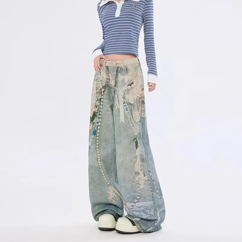 Spodnie jeansowe damskie w stylu Cyber Y2K z 2025 roku, drukowane w 3D, vintage, niebieskie, szerokie, proste, dżinsowe spodnie damskie, pantalon femme