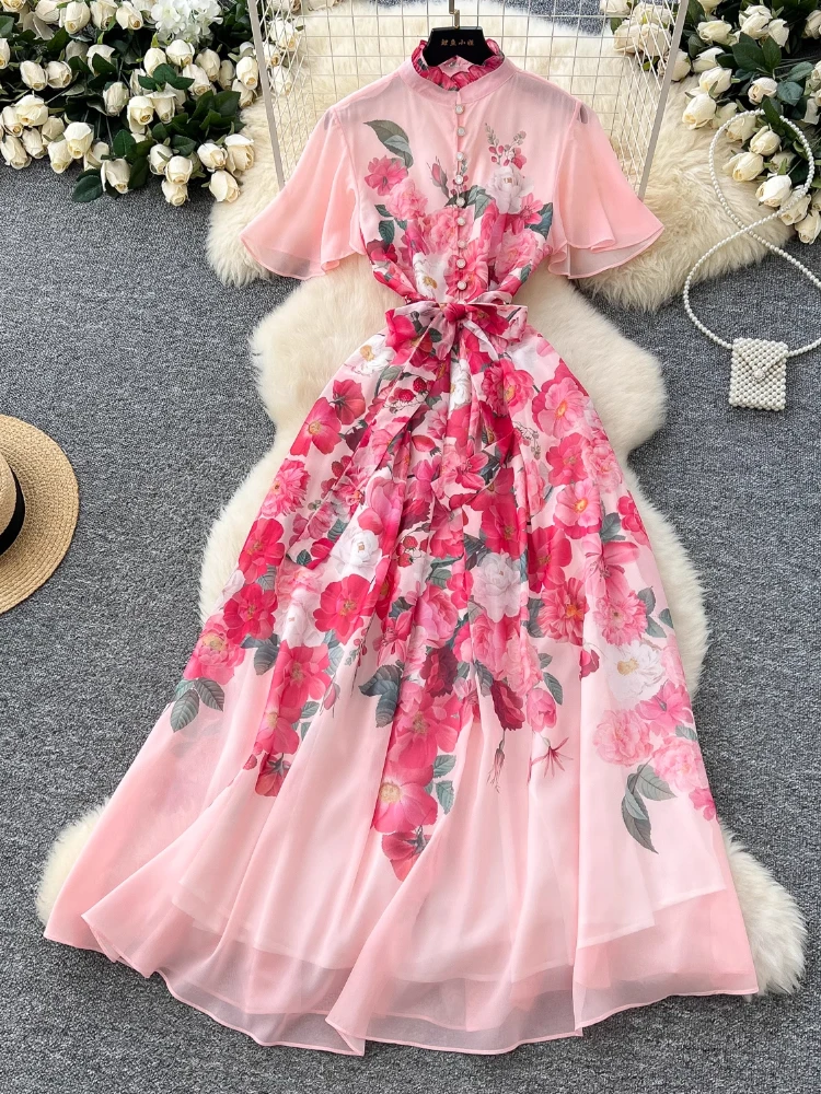 France Elegant Vintage Palace Evening Dress Women Print Sashes Button Long Party Dress Female Casual Chic Festival Clothing New