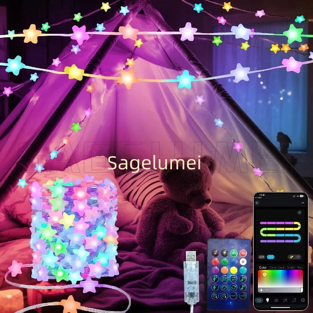WS2812B LED Star String Light Smart Bluetooth-afstandsbediening RGBIC Fairy Lamp USB Waterdicht voor kerstboom Light Home Decor