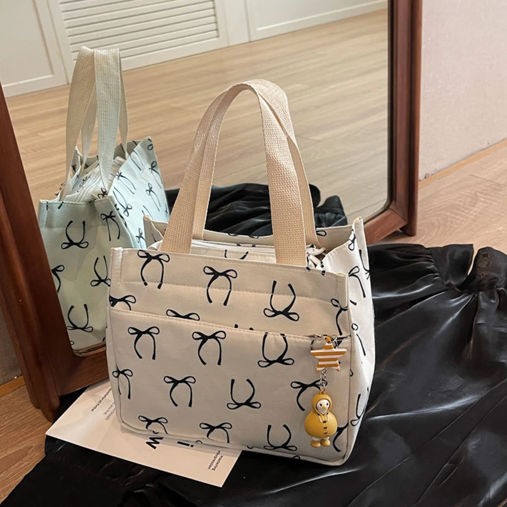 Canvas Lunch Bag with Handle Casual Handbag Bow Print Tote Bag for Women Work Picnic Or Travel