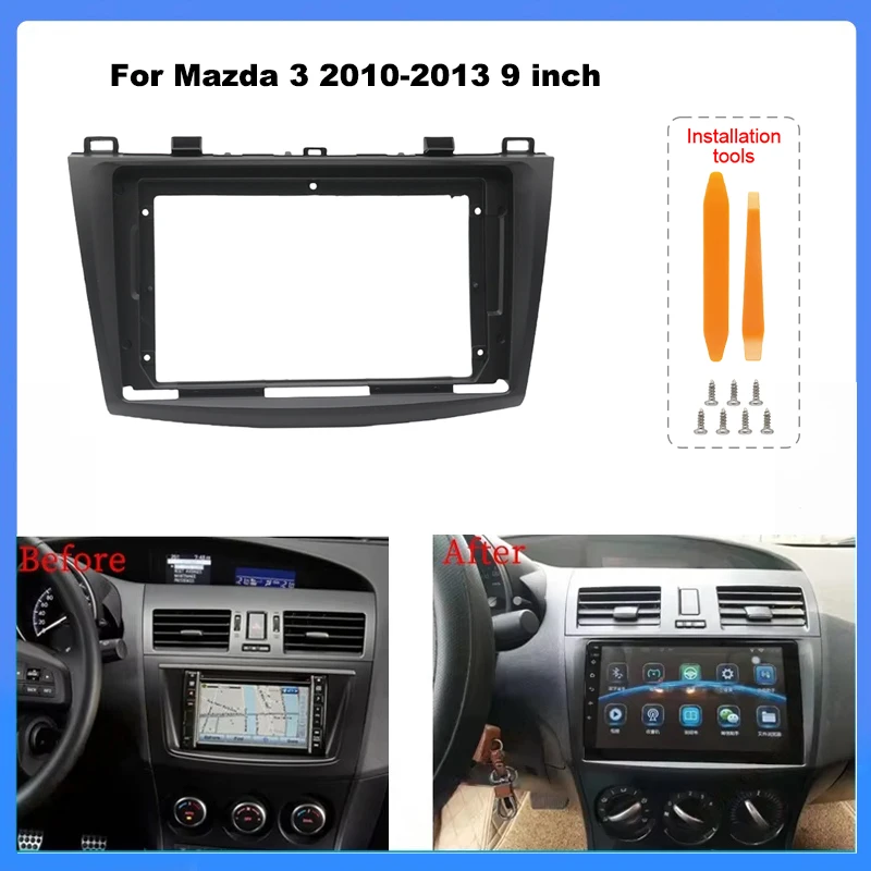 Marco de fascia de radio de coche de 9 pulgadas para Mazda 3 2010-2013 | Panel de ajuste del kit de tablero con mazo de cables y decodificador CANBUS para Android Stereo