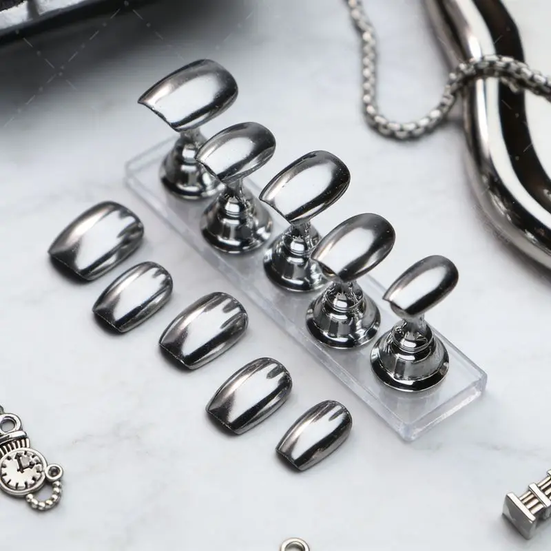 Cool Mirror Metallic Silver Press On Nails,Cyberpunk Short Square False Nails,Removable Reusable Trendy Popular Manicure Nail Ti