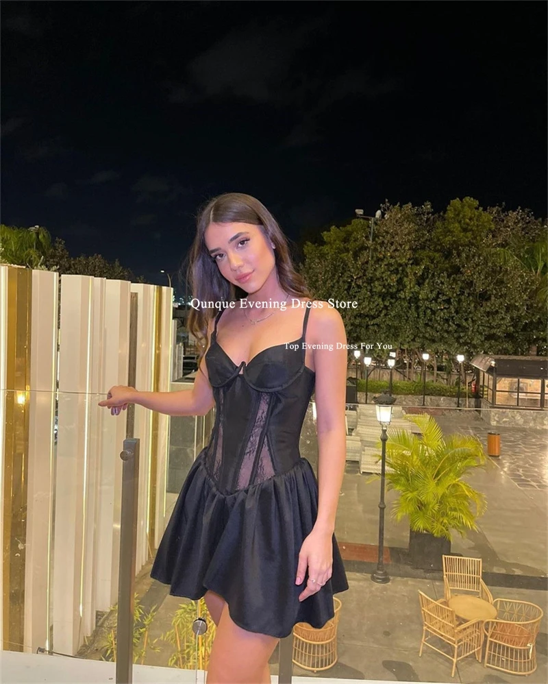 Qunque Sexy Cocktail Gowns Spaghetti Straps Homecoming Dress Customized Satin Lace Black Mini Robes De Soiree Vestidos De Fiesta