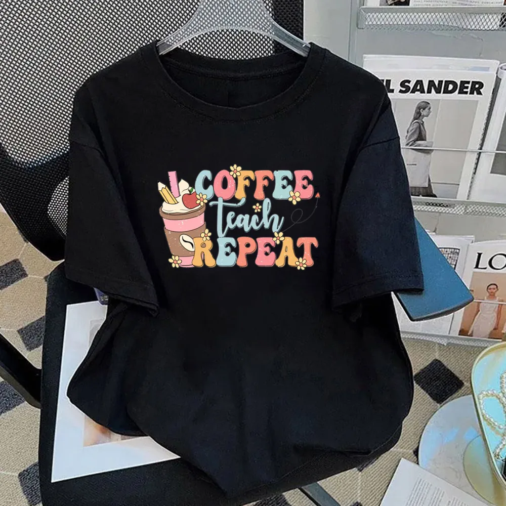 

Teacher&Coffee Pattern Print Girls Tee Casual Short Sleeve Crew Neck T-shirt Casual Loose Comfort Tops Women's Clothing