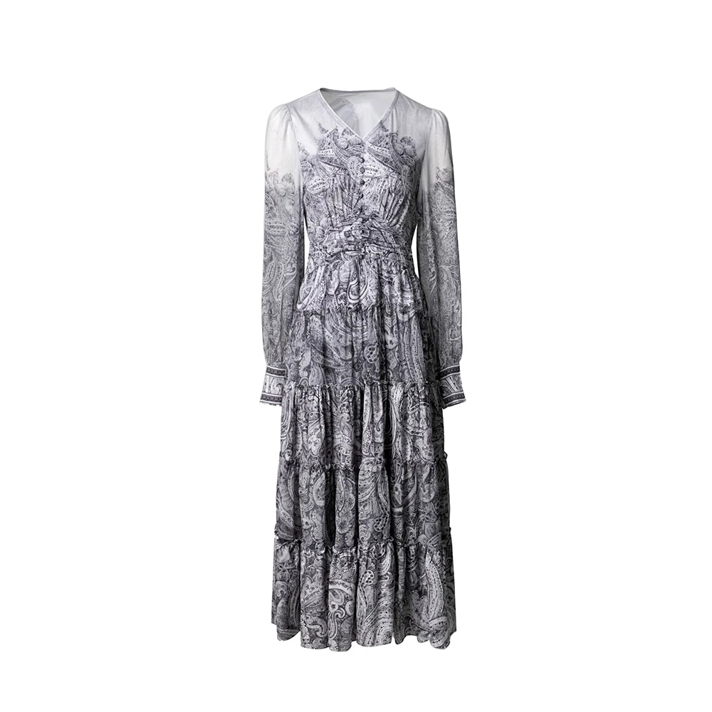 

Meyyithun Women's Dress Chiffon Pleated Elastic Waistband Lotus Leaf Lace Positioning Printed Large Swing Dress Spring 0329MZ02