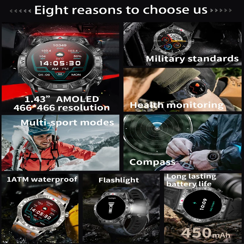 2026 Outdoor Military Smart Watch AMOLED Flashlight Heart Rate Blood Oxygen Blood Pressure Monitoring GPS Trajectory Smartwatch