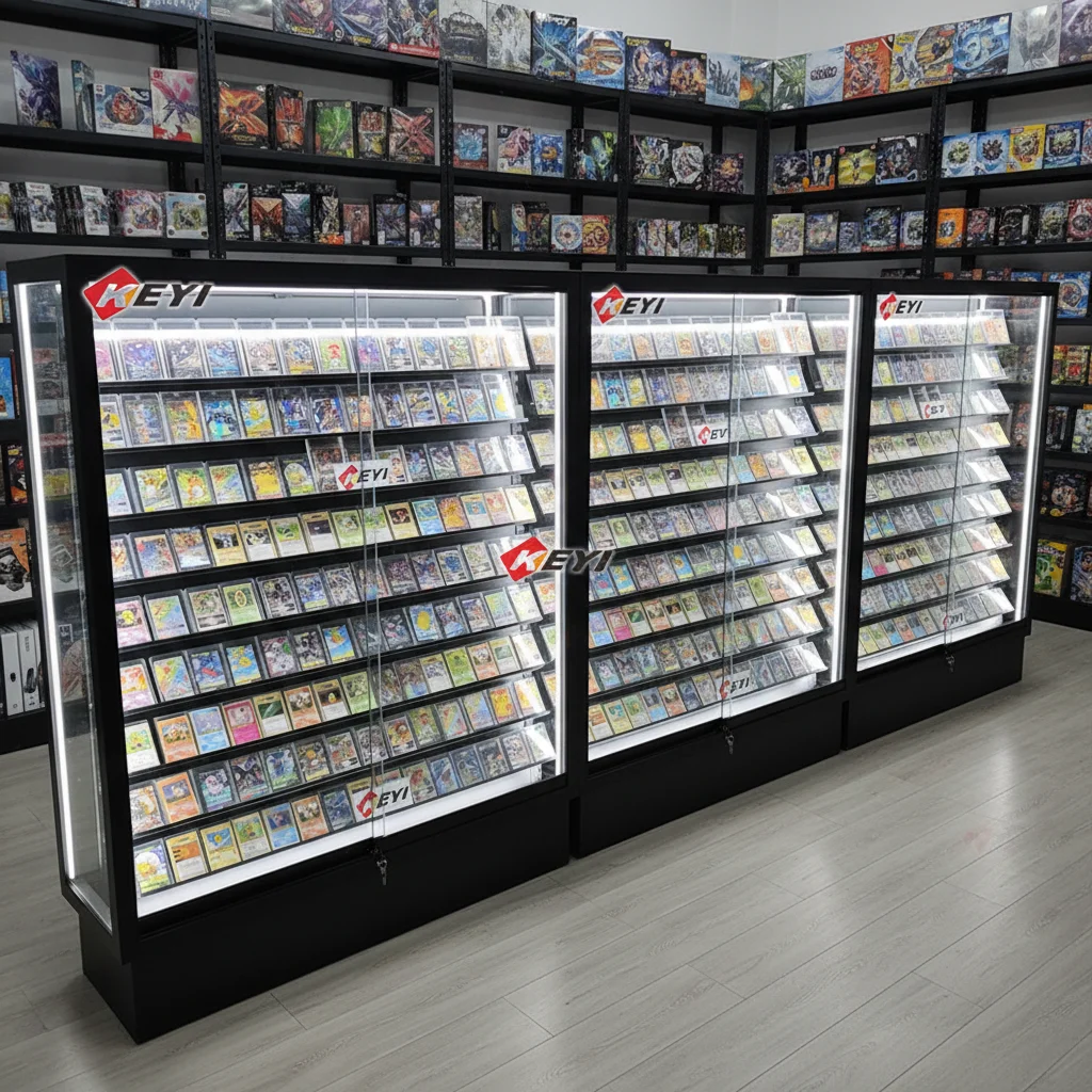 Double Sided Aisle Tempered Glass Sliding Lockable LED Display Cabinet TCG Trading Cards Sport Baseball Card Display Stand