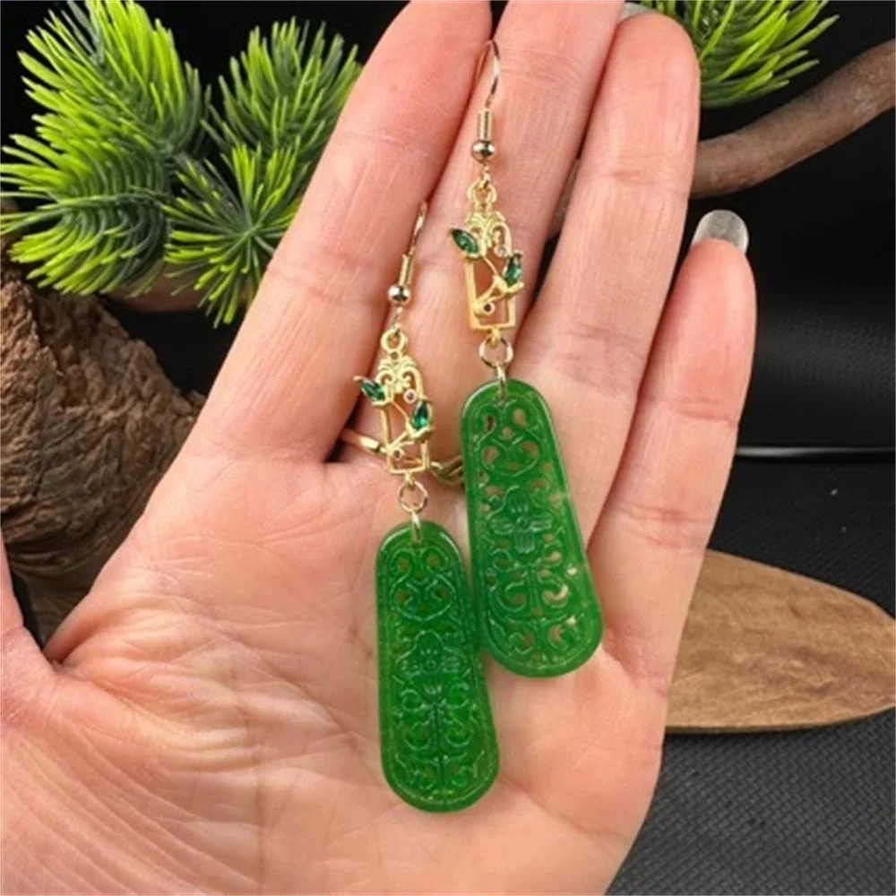 Trendy Green Jade Dangle Earrings Carved Long Strip Hollow Lucky Bridal Party Stone Jewelry Gift for Pretty Girls