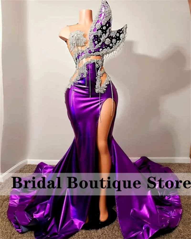 

Sparkly Sexy Purple Prom Dress 2024 Beads Crystal Rhinestones High Side Split Birthday Party Gowns Wedding Reception Robe De Bal