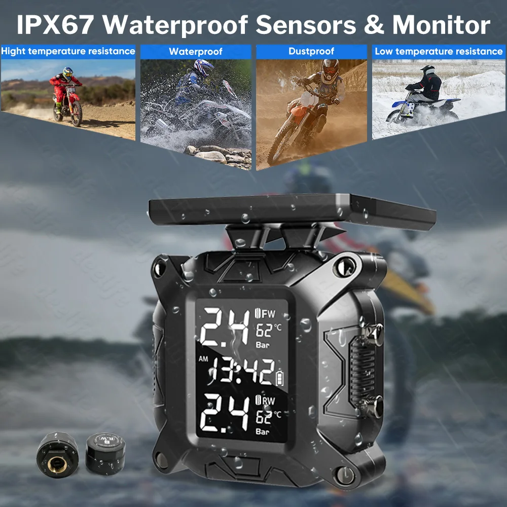 

IPX67 Solar/USB dual Charging Wireless Motorcycle 24H TPMS Motor Tire Pressure Tyre Temperature Monitoring Alarm System