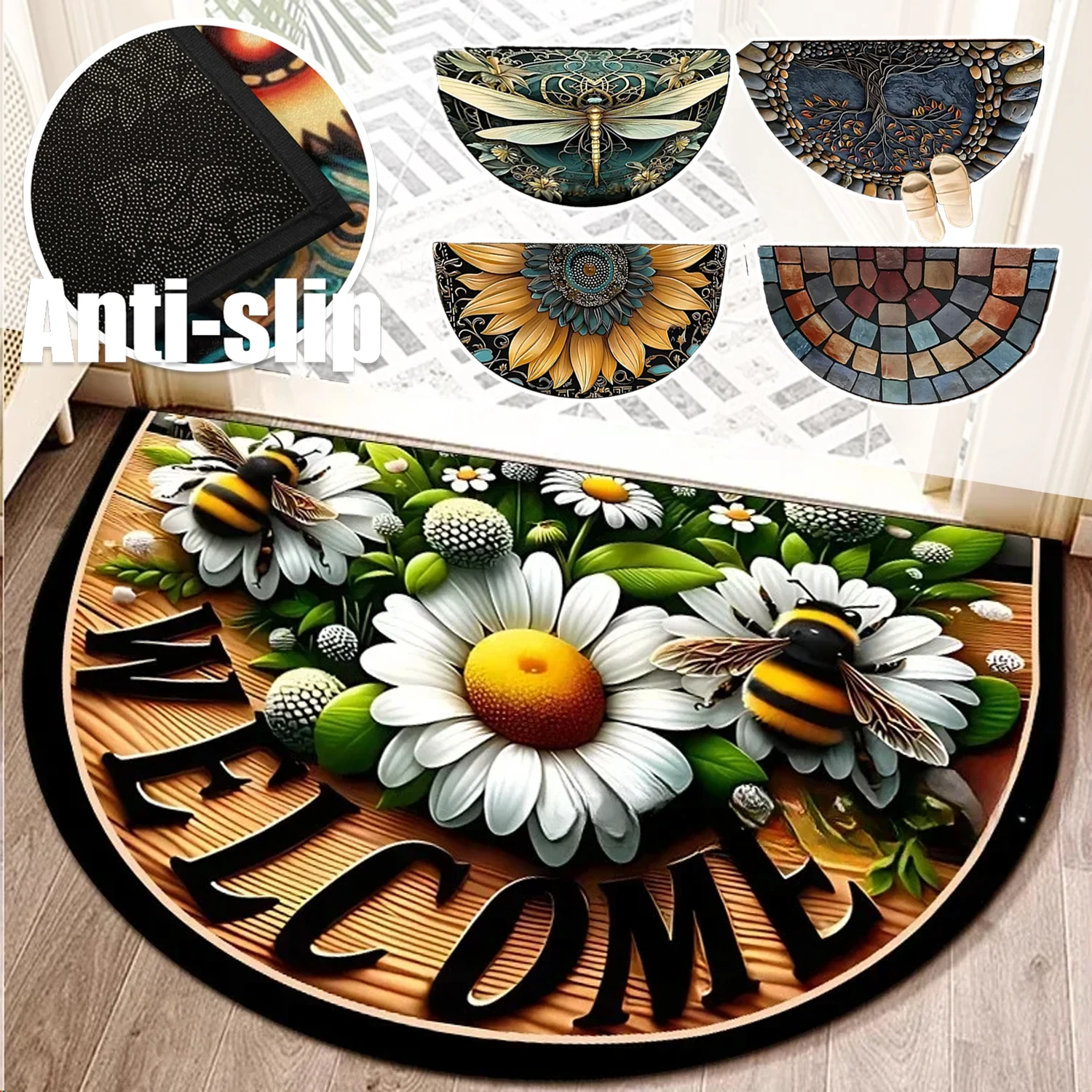 

Pebble Printed Carpet Semi-Circular Non-Slip Floor Mat Vintage Floral Geometric Patchwork Patio Entry Porch Balcony Kitchen Rug