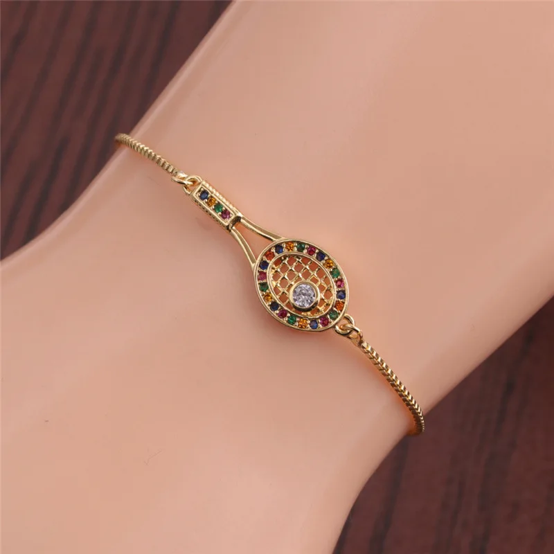 Gold-Plated Multicolor Cubic Zirconia Crystal Tennis Racket Charm Bracelet Women 2024 New Fashion CZ Stones Racquet Jewelry Gift