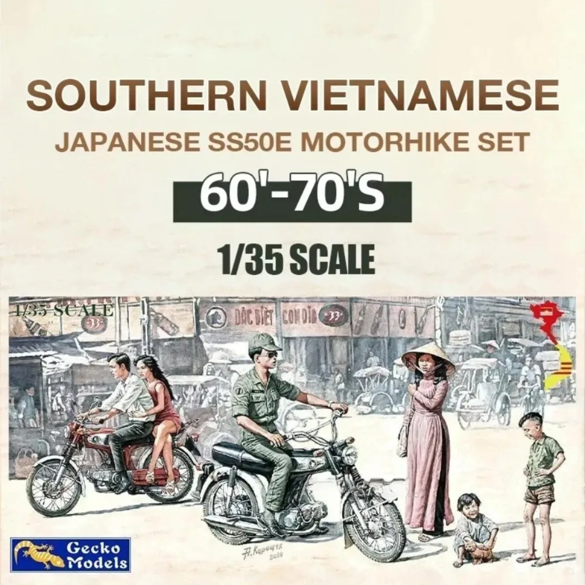 

1/35 Gecko Model Kit 35GM0127 60 '~ 70's Southern Vietnamese & Japanese SS50E Motorbike Set Assembly Scale Diy Toys