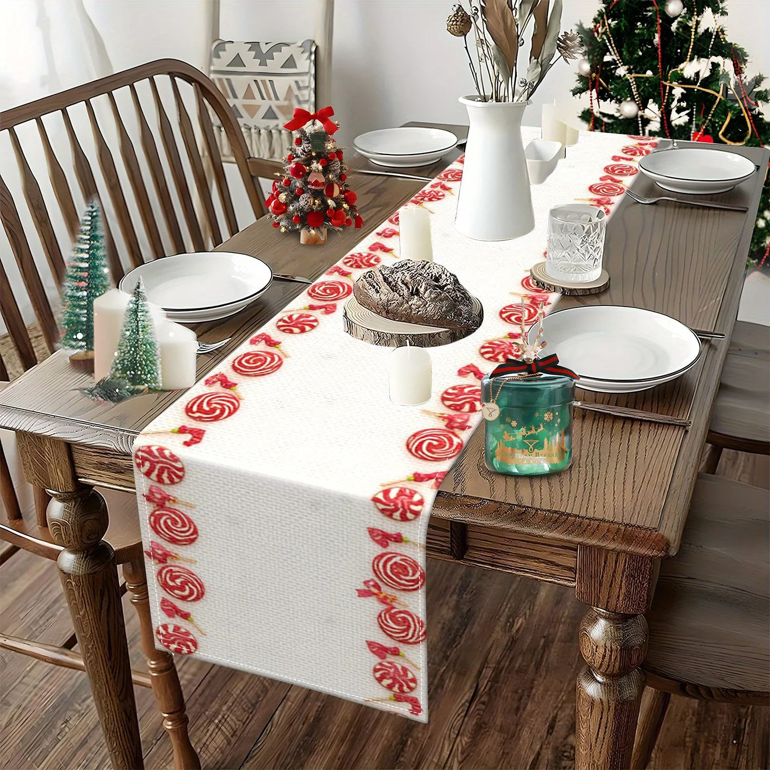 New Year Christmas Peppermint Candy Designs Print Winter Seasonal Kitchen Dining Table Decoration Suitable for Family Gatherings