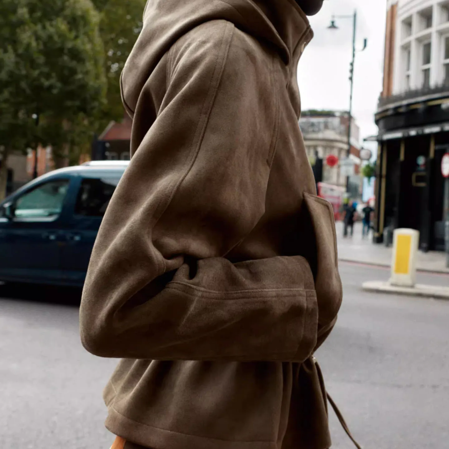 Z Damen-Jet-Mantel mit Stehkragen, Wildlederimitat und Kapuze, europäischer Stil, Stehkragen, lang, Sve Ort-Länge, Knopfleiste...