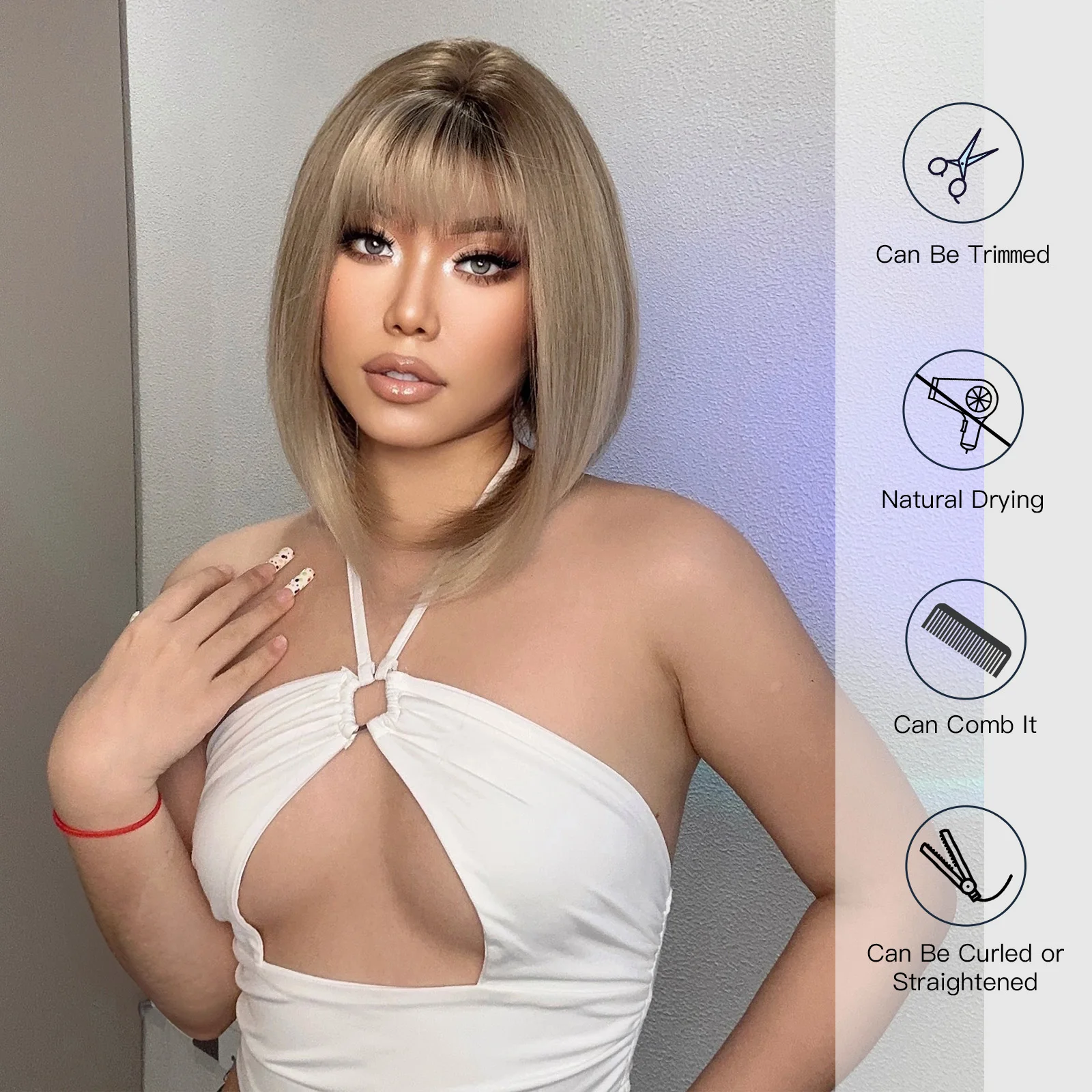 Synthetic Light Brown Bob Wig with Bangs Short Straight Wigs for Black Women Cosplay Daily Use Hair Wig Heat Resistant Fibre