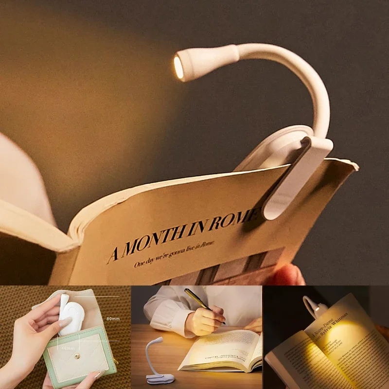 LED Mini Book Light Portable Clip Night Lights USB Charging Dimmable Clip 360° Flip Eye Protect Book Lamps for Bedroom Camping