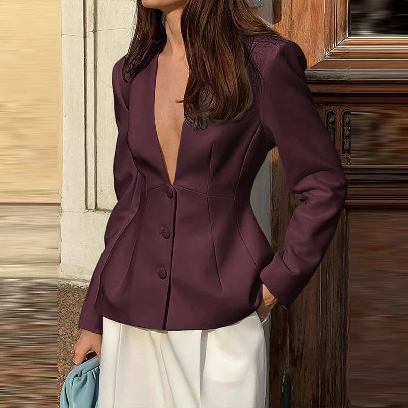 سترة نسائية قصيرة غير رسمية للتنقل سترة أنيقة واحدة الصدر طويلة الأكمام الخصر معطف خارجي موضة الخامس الرقبة معطف سترة بسيط