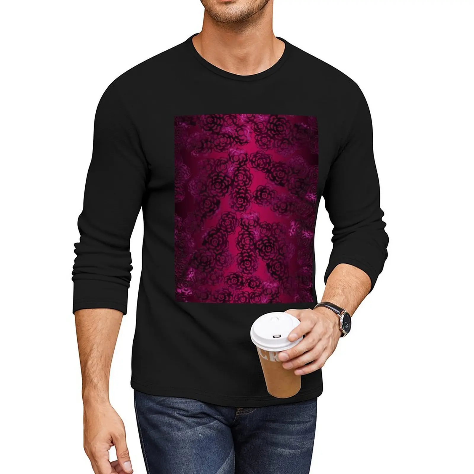 Magenta Floral Sand Art Long T-Shirt hippie clothes custom t shirts Aesthetic clothing sports fan t-shirts clothes for men