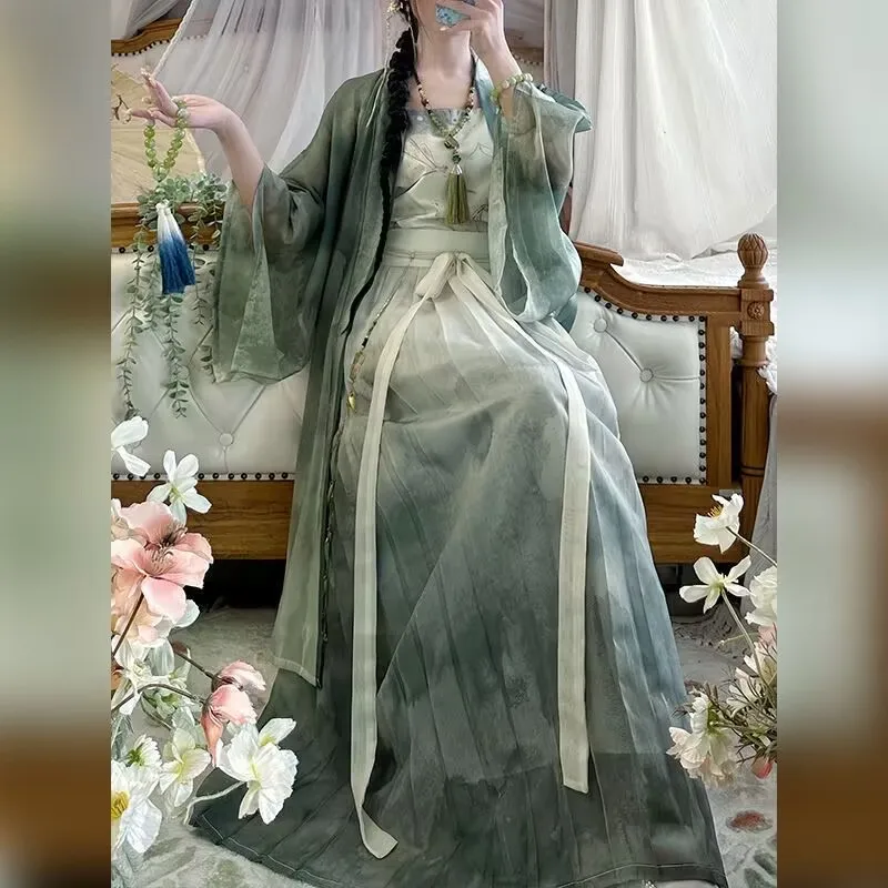 플러스 사이즈 10XL 한복 드레스 여성용 고대 중국 한복 세트 오버사이즈 코스프레 의상 빈티지 그린 3종 세트 한복 파티 드레스