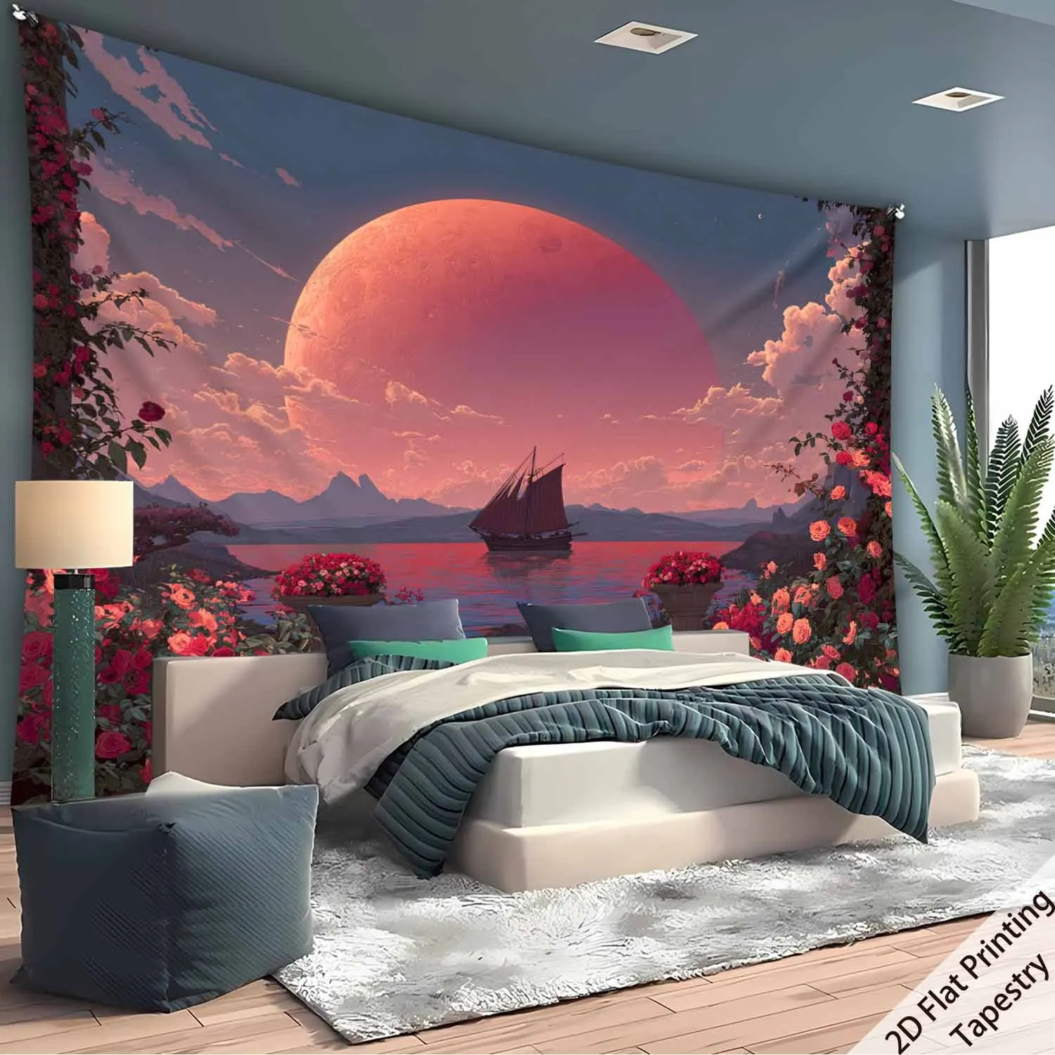 Sailing Ship Rose Garden Digital printing polyester wall tapestry suitable for use in living rooms bedrooms offices bars party