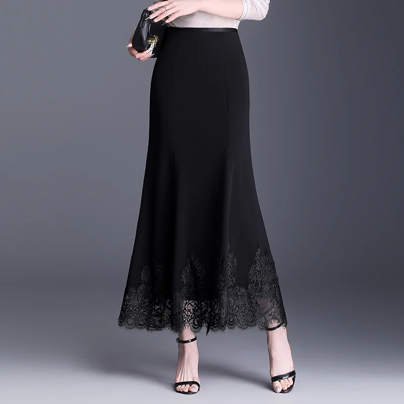 

ZUZK Women All-match Lace Patchwork Black Long Mermaid Skirt Spring Summer Elastic High Waist Ruffles Mermaid Black Skirt Slim