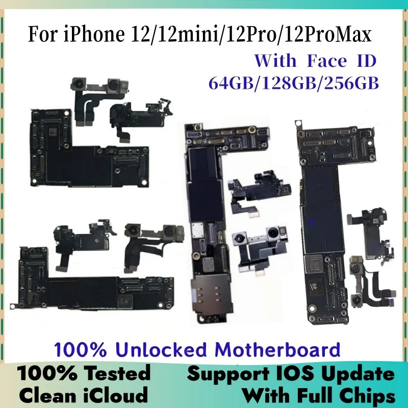 

100% Tested For iPhone 12 Pro Max Motherboard With/NO Face ID Unlocked Logic Board Clean iCloud For iphone 12 mini Mainboatd