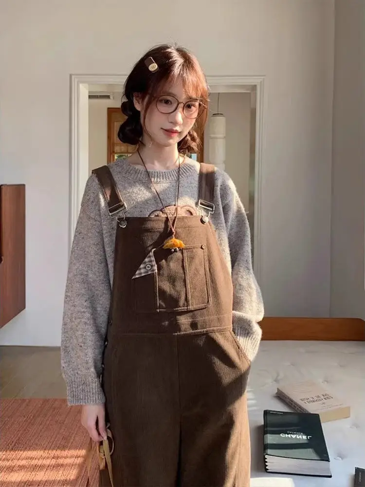 

Комбинезон-комбинезон с высокой талией, женские осенне-зимние новые вельветовые свободные прямые брюки, универсальный цельный костюм небольшого размера